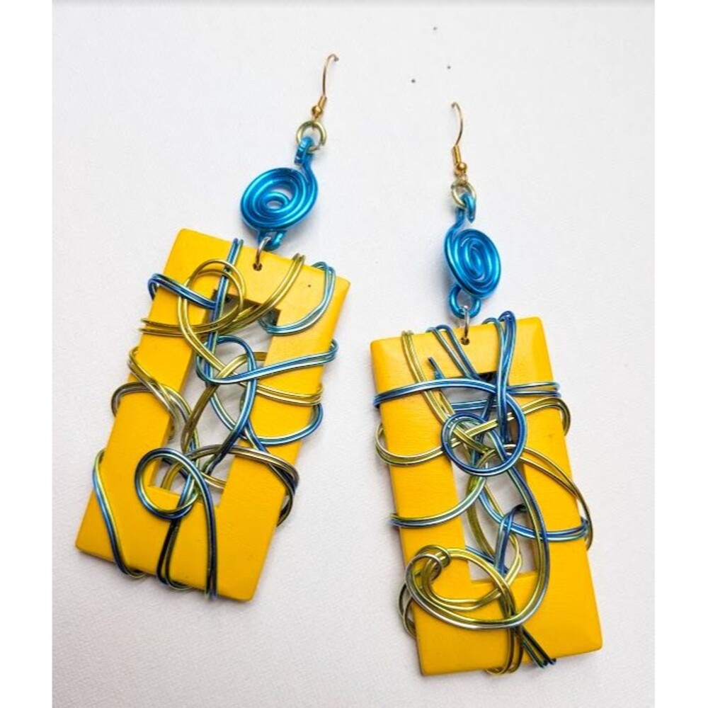 Earrings Yellow Plastic Blue Green Wire Wrap S925 Hook Geometric Dangle 4.5 in